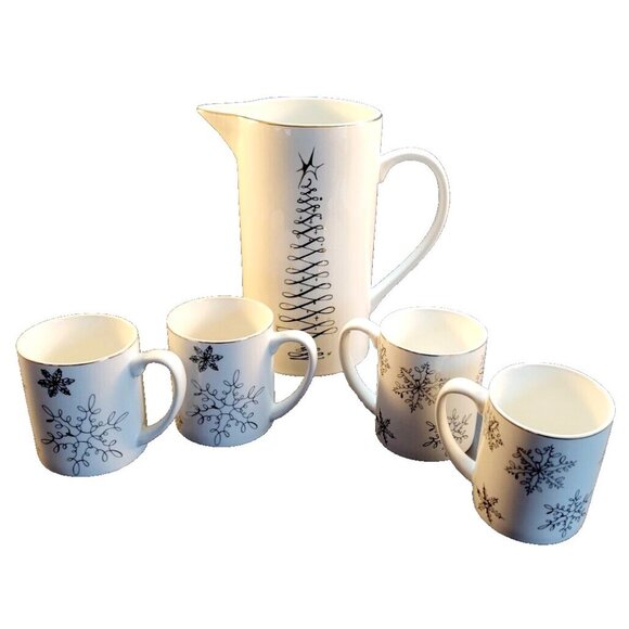 Servappetit Elegant Holiday Xmas Tree Snowflake Design 60oz Pitcher & 4 Mug Set - Picture 4 of 5